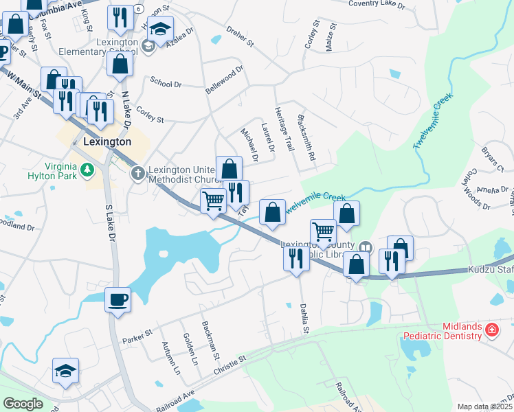 map of restaurants, bars, coffee shops, grocery stores, and more near 118 Tybo Drive in Lexington