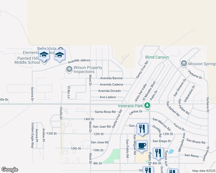 map of restaurants, bars, coffee shops, grocery stores, and more near 66124 Avenida Dorado in Desert Hot Springs
