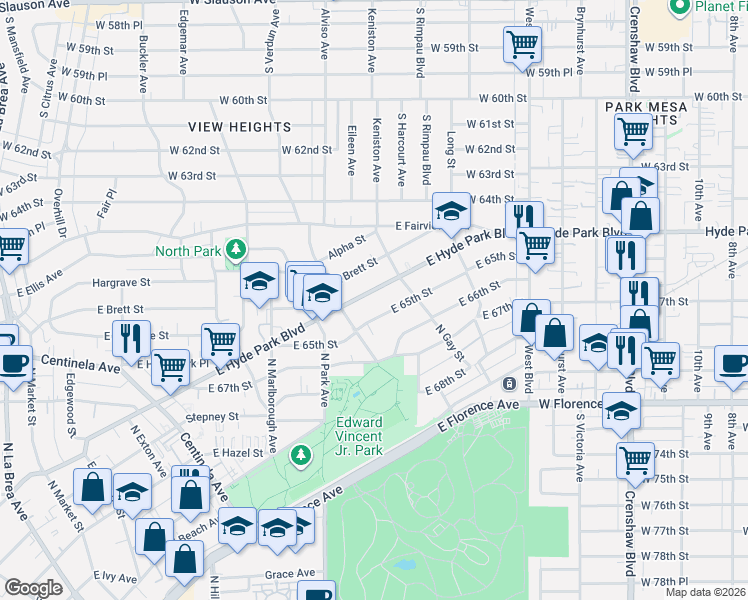 map of restaurants, bars, coffee shops, grocery stores, and more near 918 East Hyde Park Boulevard in Inglewood