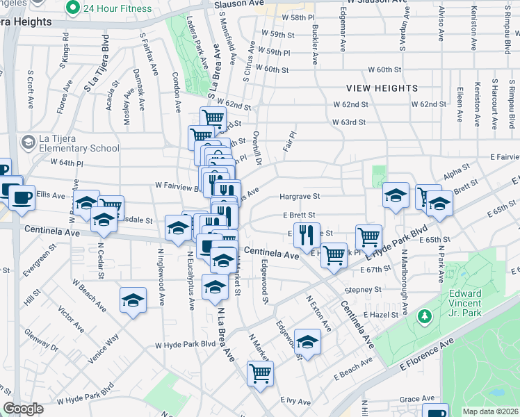 map of restaurants, bars, coffee shops, grocery stores, and more near 339 East Brett Street in Inglewood