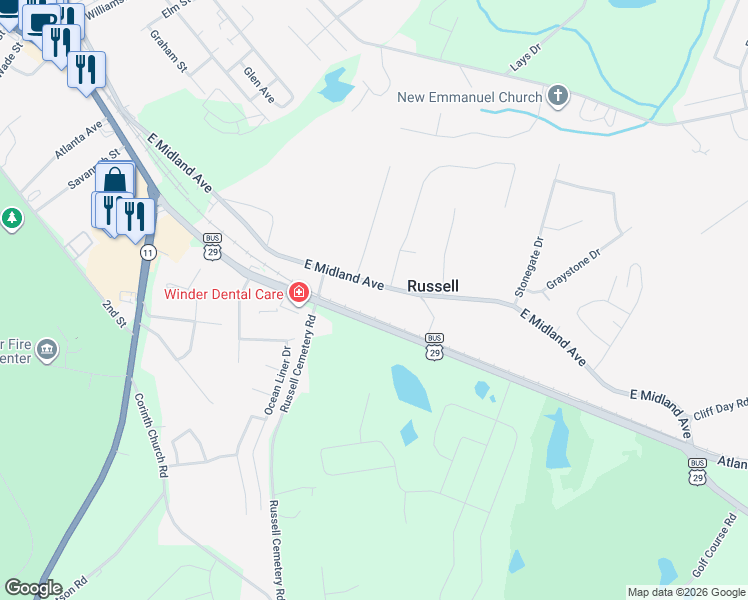 map of restaurants, bars, coffee shops, grocery stores, and more near 353 East Midland Avenue in Winder