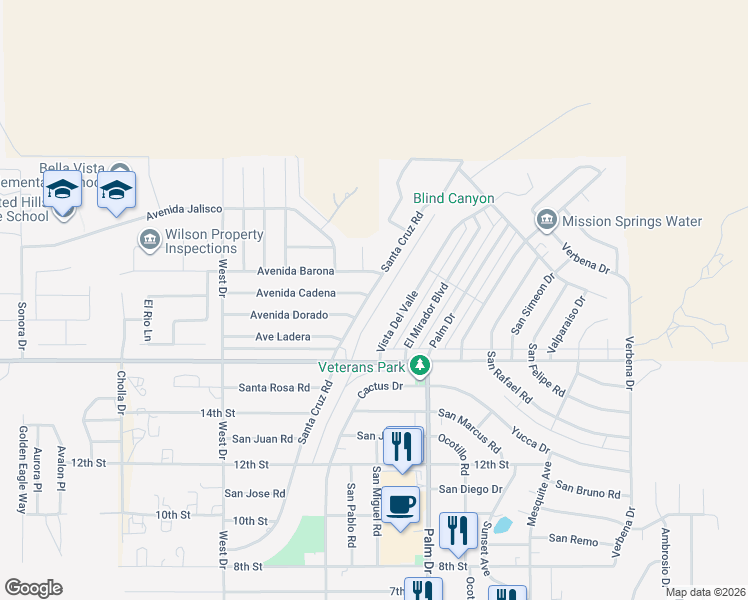 map of restaurants, bars, coffee shops, grocery stores, and more near 9720 Santa Cruz Road in Desert Hot Springs