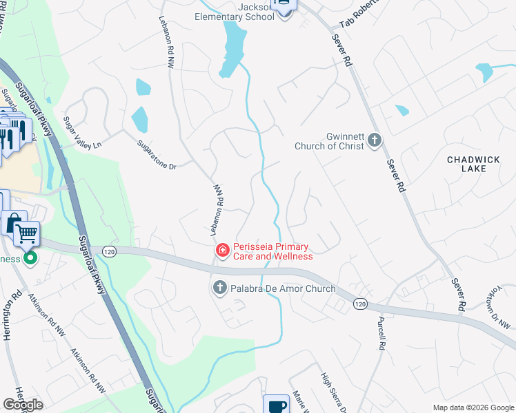 map of restaurants, bars, coffee shops, grocery stores, and more near 1691 Telfair Chase Way in Lawrenceville