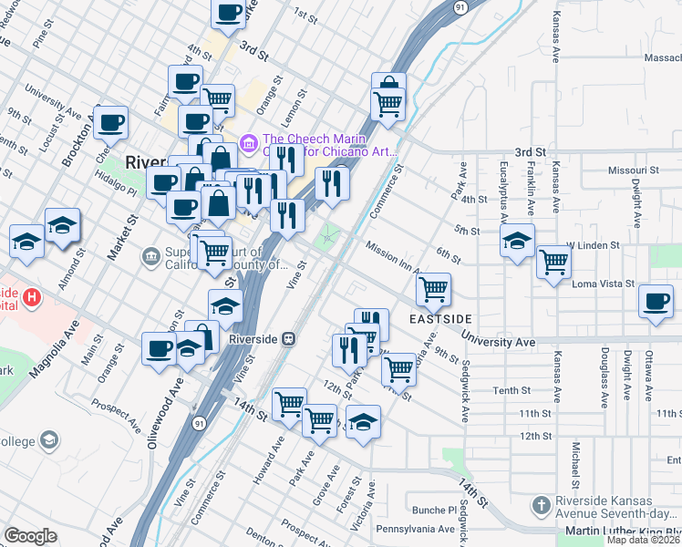 map of restaurants, bars, coffee shops, grocery stores, and more near 3767-3791 Commerce Street in Riverside