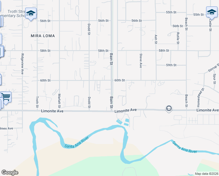 map of restaurants, bars, coffee shops, grocery stores, and more near 6049 Bain Street in Jurupa Valley