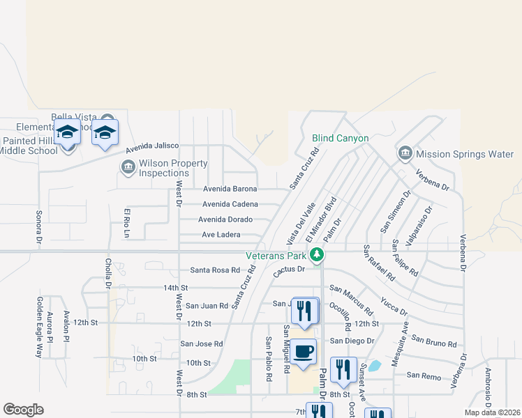 map of restaurants, bars, coffee shops, grocery stores, and more near 66288 Avenida Dorado in Desert Hot Springs