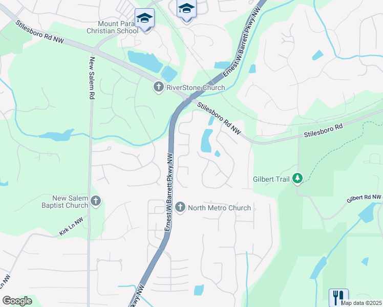 map of restaurants, bars, coffee shops, grocery stores, and more near 1250 Parkview Lane Northwest in Kennesaw
