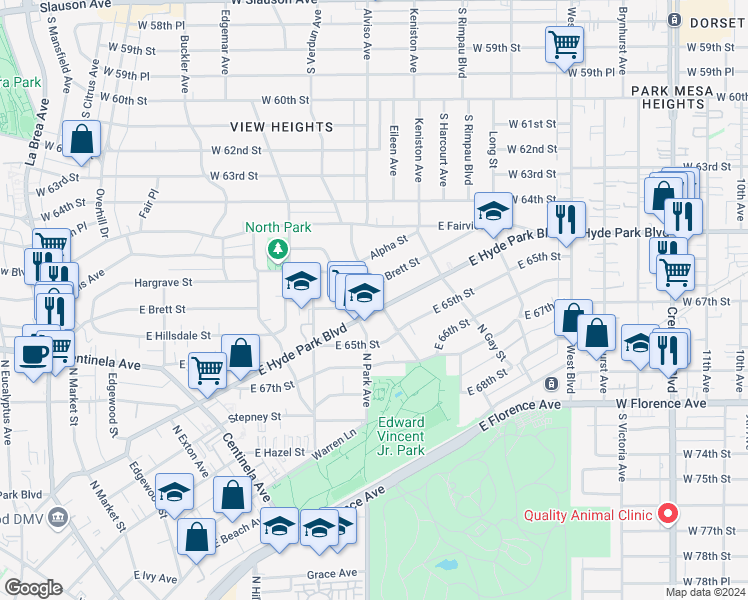 map of restaurants, bars, coffee shops, grocery stores, and more near 1109 North Chester Avenue in Inglewood