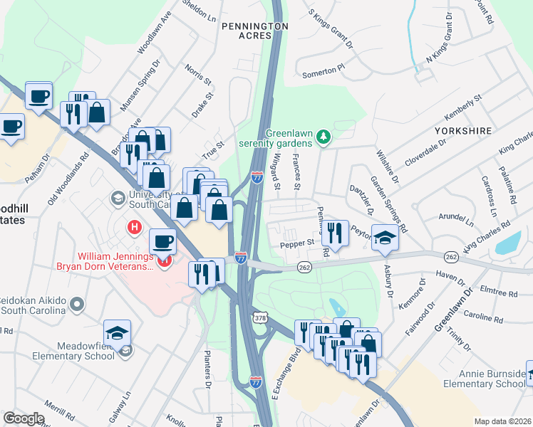 map of restaurants, bars, coffee shops, grocery stores, and more near 774 Peyton Road in Columbia