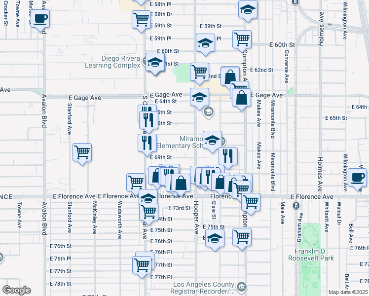 map of restaurants, bars, coffee shops, grocery stores, and more near 1232 East 68th Street in Los Angeles
