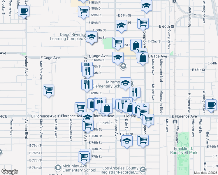 map of restaurants, bars, coffee shops, grocery stores, and more near 1230 East 68th Street in Los Angeles
