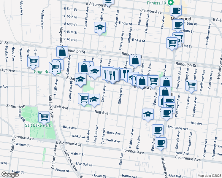 map of restaurants, bars, coffee shops, grocery stores, and more near 4027 Acacia St in Bell