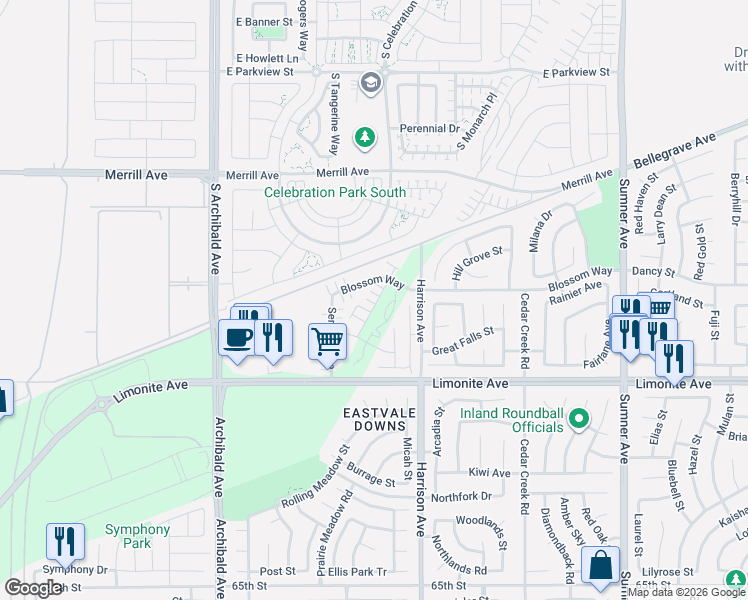 map of restaurants, bars, coffee shops, grocery stores, and more near 5925 Oatfield Avenue in Eastvale