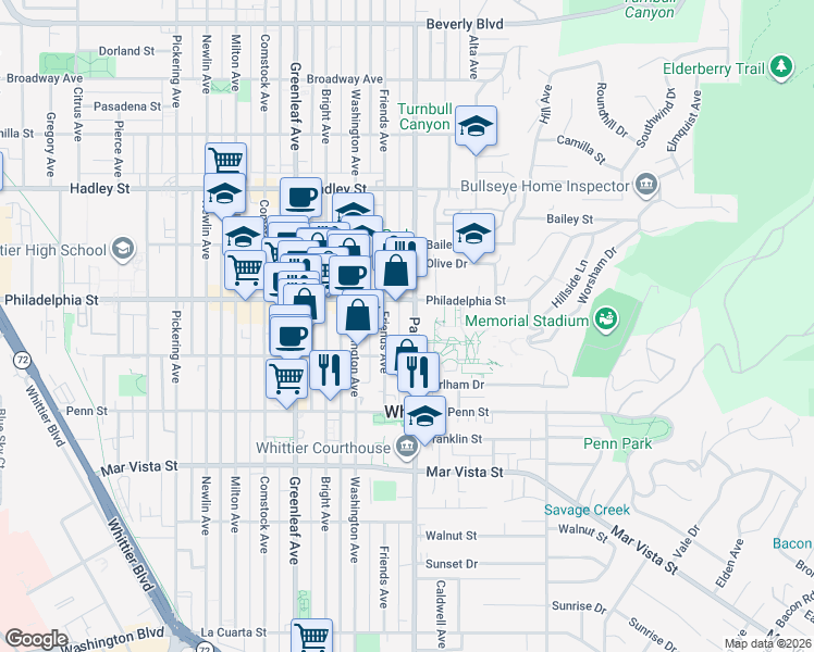 map of restaurants, bars, coffee shops, grocery stores, and more near 7027 Painter Avenue in Whittier