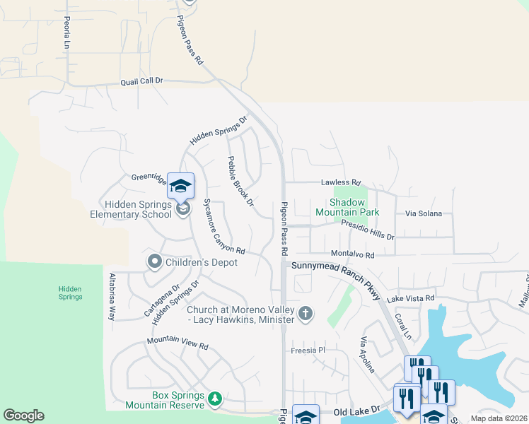 map of restaurants, bars, coffee shops, grocery stores, and more near 9888 Pebble Brook Drive in Moreno Valley