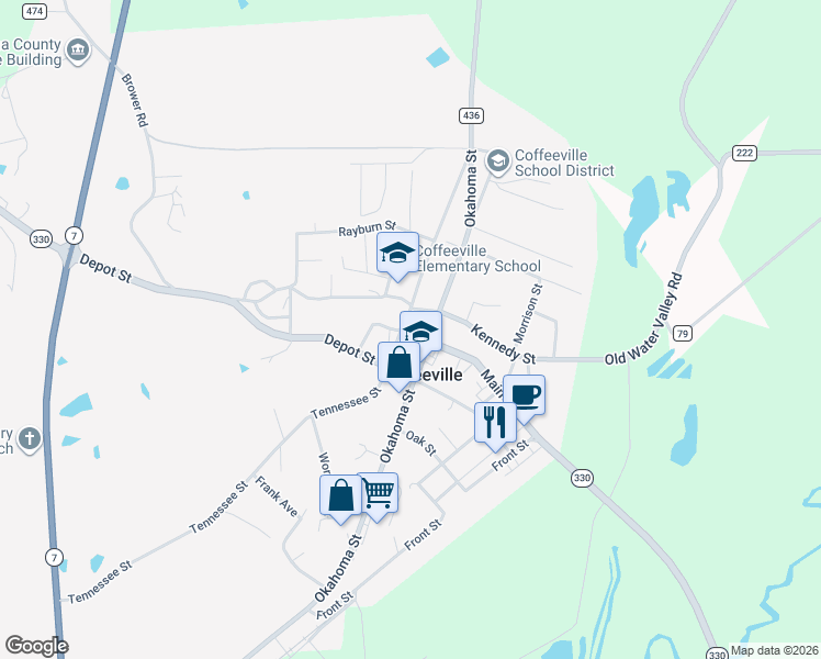 map of restaurants, bars, coffee shops, grocery stores, and more near 755 Main Street in Coffeeville