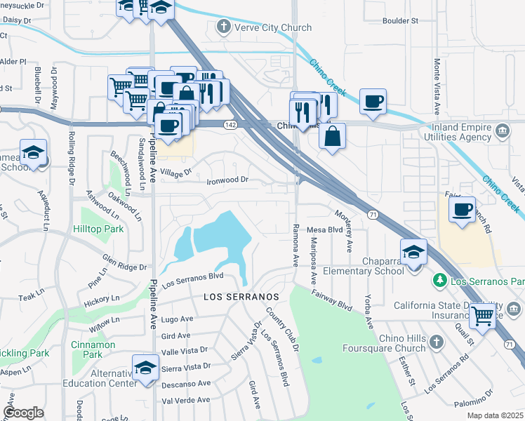 map of restaurants, bars, coffee shops, grocery stores, and more near 4431 Ironwood Drive in Chino Hills