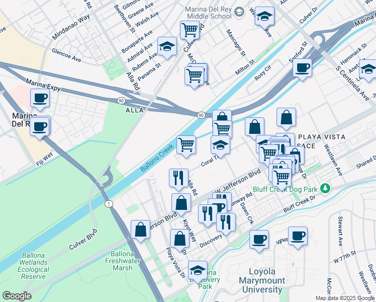 map of restaurants, bars, coffee shops, grocery stores, and more near 5340 Alla Road in Los Angeles