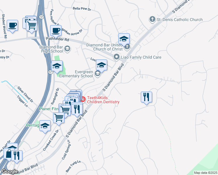 map of restaurants, bars, coffee shops, grocery stores, and more near 2611 Steeplechase Lane in Diamond Bar
