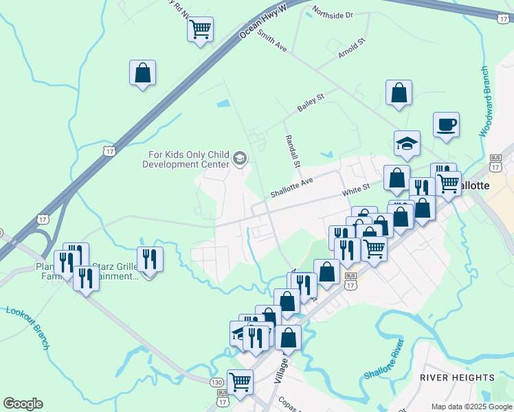 map of restaurants, bars, coffee shops, grocery stores, and more near 4913 Bridgers road in Shallotte