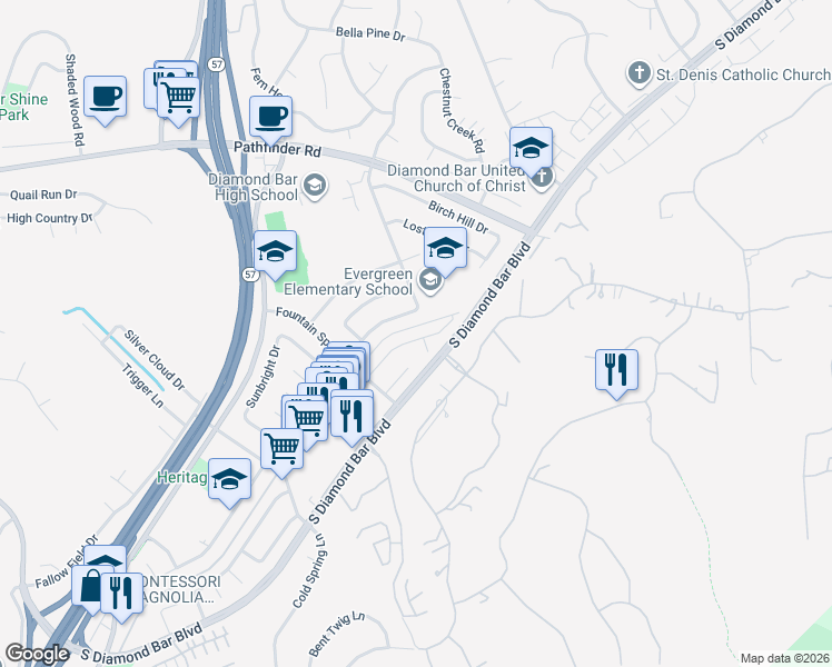 map of restaurants, bars, coffee shops, grocery stores, and more near 2605 Crooked Creek Drive in Pomona