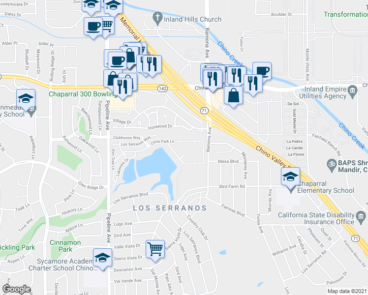map of restaurants, bars, coffee shops, grocery stores, and more near 15111 Pipeline Avenue in Chino Hills