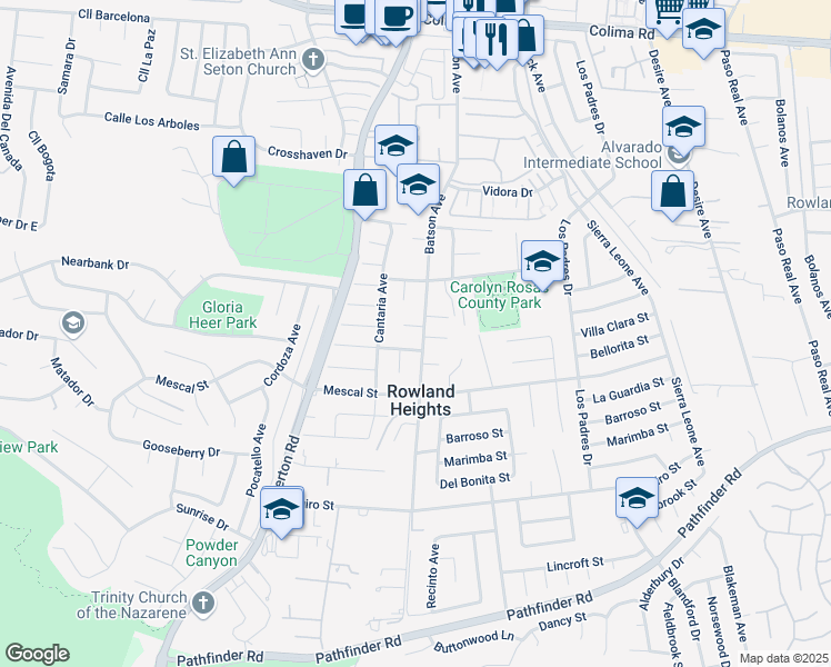 map of restaurants, bars, coffee shops, grocery stores, and more near 18318 Villa Clara Street in Rowland Heights