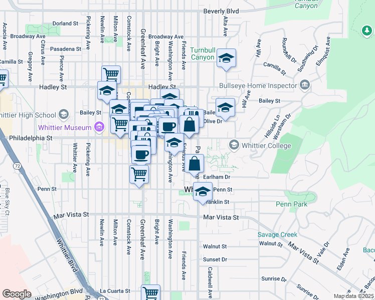 map of restaurants, bars, coffee shops, grocery stores, and more near 7026 Friends Avenue in Whittier