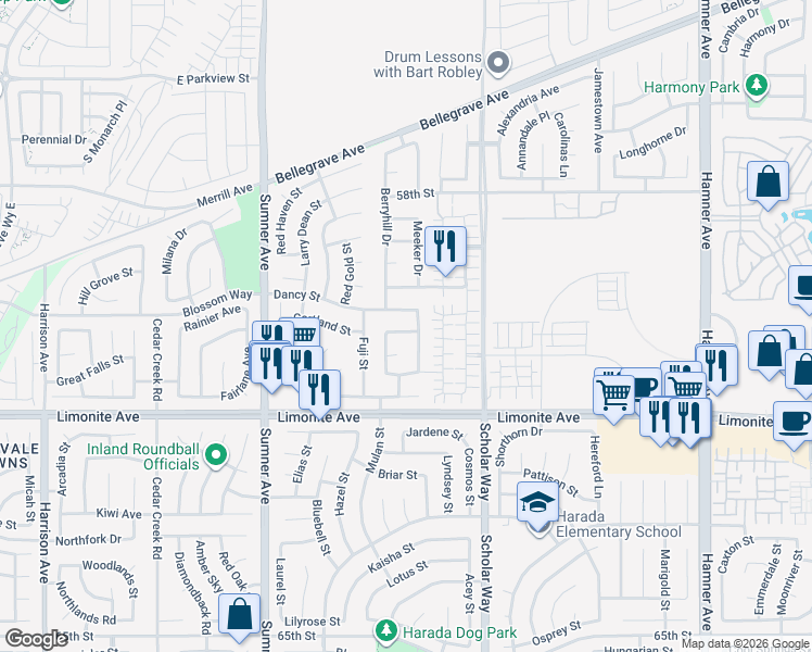 map of restaurants, bars, coffee shops, grocery stores, and more near 6093 Cripple Creek Drive in Corona