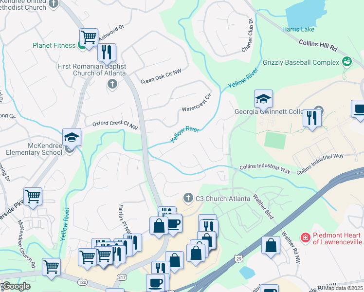 map of restaurants, bars, coffee shops, grocery stores, and more near 490 River Overlook Drive Northwest in Lawrenceville