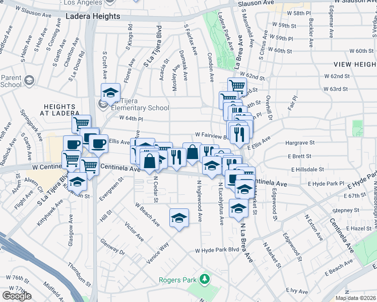 map of restaurants, bars, coffee shops, grocery stores, and more near 308 West Ellis Avenue in Inglewood