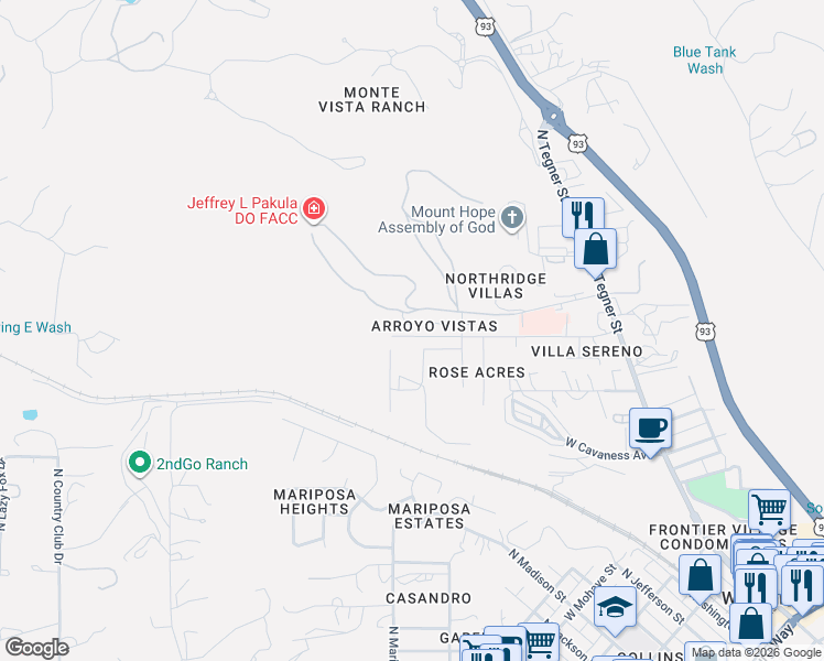 map of restaurants, bars, coffee shops, grocery stores, and more near 729 South West Road in Wickenburg