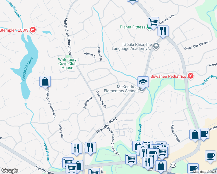 map of restaurants, bars, coffee shops, grocery stores, and more near 1370 Wheatfield Drive in Lawrenceville