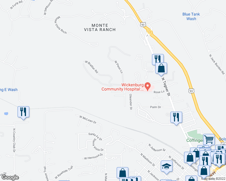 map of restaurants, bars, coffee shops, grocery stores, and more near 729 South West Road in Wickenburg