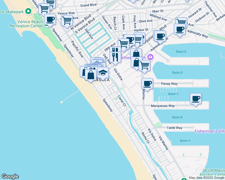 map of restaurants, bars, coffee shops, grocery stores, and more near 3400 Pacific Avenue in Marina del Rey