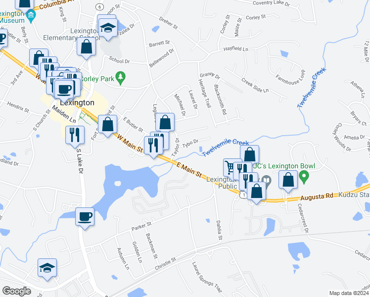 map of restaurants, bars, coffee shops, grocery stores, and more near 124 Tybo Drive in Lexington