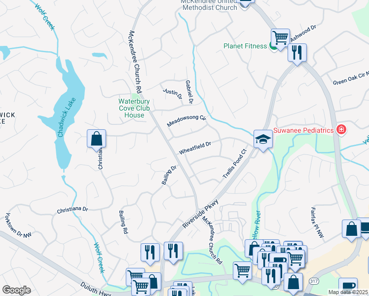 map of restaurants, bars, coffee shops, grocery stores, and more near 1445 Wheatfield Drive in Lawrenceville