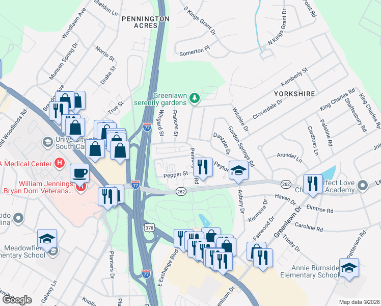 map of restaurants, bars, coffee shops, grocery stores, and more near 1 Braiden Manor Road in Columbia