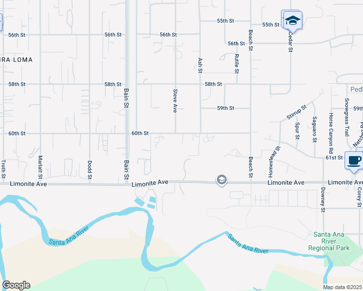 map of restaurants, bars, coffee shops, grocery stores, and more near 9950 60th Street in Riverside