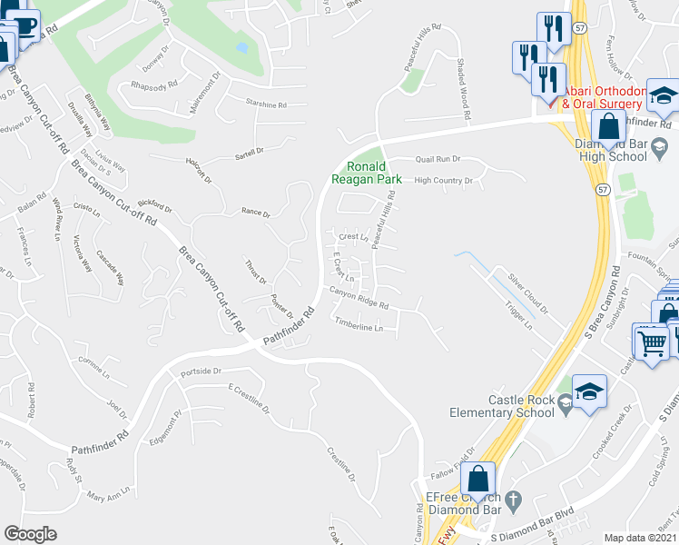 map of restaurants, bars, coffee shops, grocery stores, and more near 20701 East Crest Lane in Diamond Bar