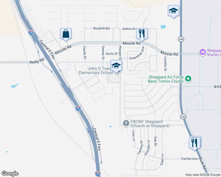 map of restaurants, bars, coffee shops, grocery stores, and more near 4800-5150 Hooper Drive in Sheppard Air Force Base