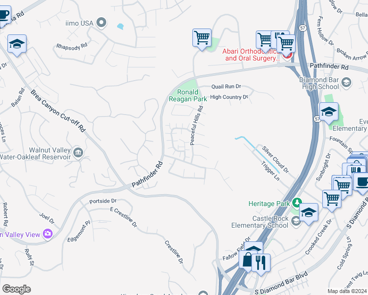 map of restaurants, bars, coffee shops, grocery stores, and more near 2614 South Quarry Lane in Walnut