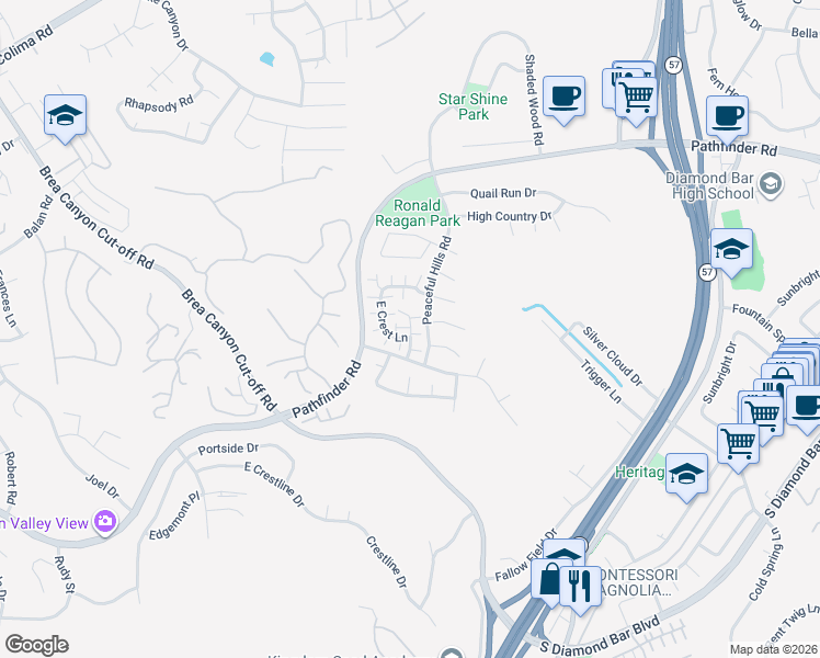 map of restaurants, bars, coffee shops, grocery stores, and more near 2652 South Quarry Lane in Walnut