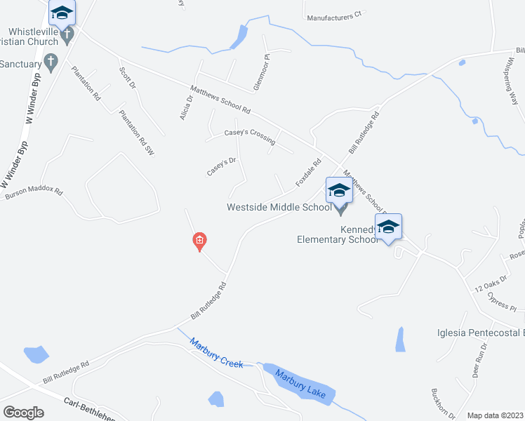map of restaurants, bars, coffee shops, grocery stores, and more near 434 Foxdale Road in Winder