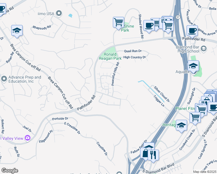map of restaurants, bars, coffee shops, grocery stores, and more near 2614 South Quarry Lane in Walnut