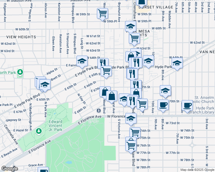 map of restaurants, bars, coffee shops, grocery stores, and more near 6700 West Boulevard in Los Angeles