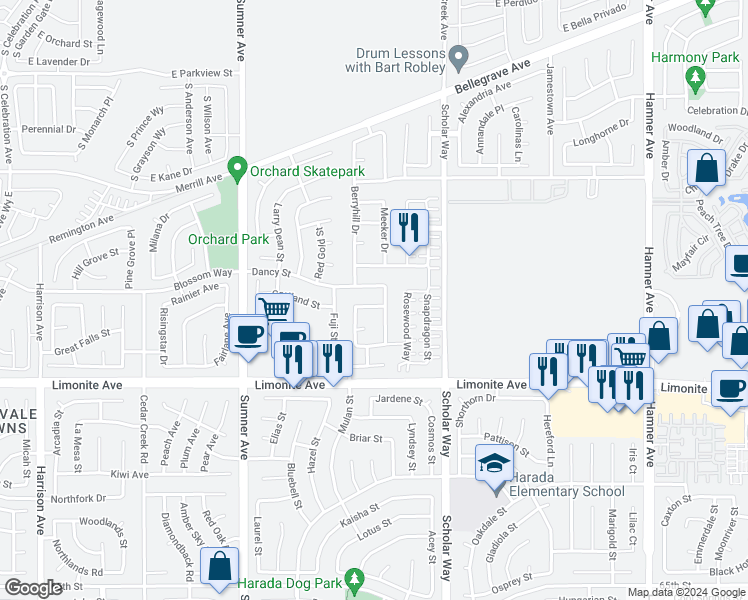 map of restaurants, bars, coffee shops, grocery stores, and more near 6013 Flagstaff Drive in Eastvale