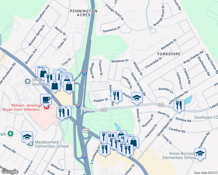 map of restaurants, bars, coffee shops, grocery stores, and more near 1 Braiden Manor Road in Columbia