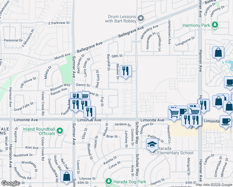 map of restaurants, bars, coffee shops, grocery stores, and more near 6093 Cripple Creek Drive in Corona