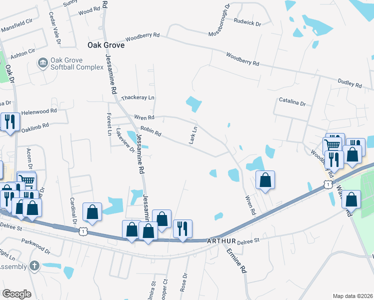 map of restaurants, bars, coffee shops, grocery stores, and more near 164 Robin Road in Lexington